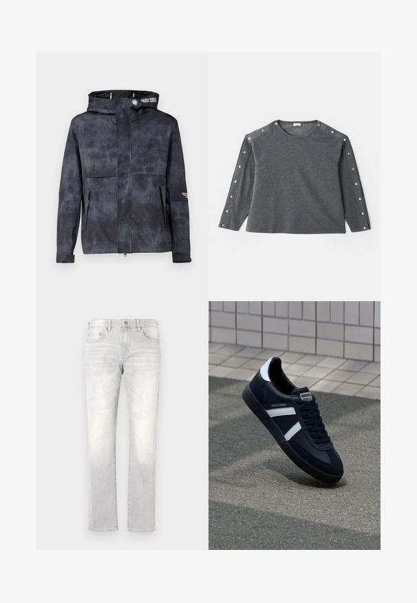 Vodoodpudivá čierno-sivá bunda s kapucňou, ktorá má jemný vzor tie-dye, predný zips a bočné vrecká. Ozdobená logom značky.; Šedá dlhá rukávová košeľa z mäkkého materiálu, s okrúhlym výstrihom a cvočkovými detailmi pozdĺž ramena pre zvýraznenie.; Svetlosivé džíny z denimu so rovnom strihom, jemným vyblednutím, prednými vreckami a jedným zadným vreckom. Klasické zapínanie na gombík a zips.; Čierne kožené tenisky s bielymi pruhmi, textúrovanou gumovou podrážkou a šnurovaním vpredu. Obsahujú označenie značky na jazyku.
