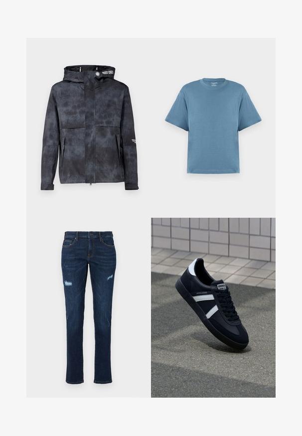 Vízálló, fekete-szürke kabát, kapucnival, diszkrét batikolt mintázattal, elöl zipzárral és oldalzsebekkel. A márka logója díszíti.; Kék, rövid ujjú póló, pamutból készült, kerek nyakkivágással és laza szabással. Sima textúra, minimalista design, minta vagy díszítés nélkül.; Sötétkék farmernadrág egyenes szabással, térden megviselt lyukakkal, hagyományos zsebekkel és látható, eltérő színű varrásokkal.; Fekete bőr sportcipő fehér csíkokkal, textúrált gumitalppal és fűzős elejével. A nyelvén márkás címke található.
