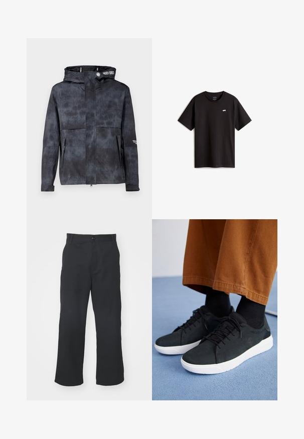 Wasserabweisende schwarz-graue Jacke mit Kapuze, die ein dezentes Batikmuster aufweist, sowie einen Frontreißverschluss und seitliche Taschen. Mit Markenlogo akzentuiert.; Schwarzes Baumwoll-T-Shirt mit kurzen Ärmeln und Rundhalsausschnitt. Mit einem kleinen weißen Skateboard-Logo auf der Brust. Einfaches Design und Schnitt.; Schwarze, gerade geschnittene Hosen aus Stoff mit glatter Textur, ausgestattet mit einem Frontknopfverschluss und praktischen Taschen.; Schwarze Wildleder-Sneaker mit weißen Gummisohlen, mit Schnürdesign, strukturierten Akzenten und dezentem Branding, kombiniert mit braunen Hosen.