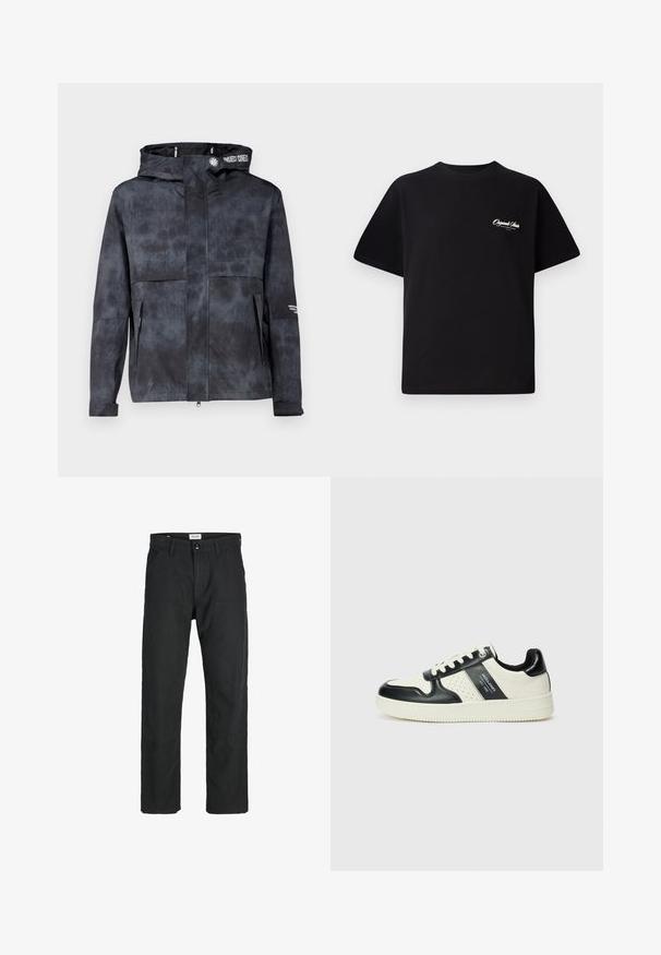 Vandeniui atsparus juodai pilkas džemperis su kapišonu, pasižymintis subtiliu mažučiu trinkelės raštu, priekyje su užtrauktuku ir šoninėmis kišenėmis. Papuoštas prekės ženklo logotipu.; Juodas medvilninis marškinėliai su apvalia kaklo linija, trumpomis rankovėmis ir mažais baltais logotipo raštais kairiajame krūtinės šone. Paprastas dizainas, klasikinio kirpimo.; Juodi kelniai, pagaminti iš tvirto audinio, su tiesiomis kojomis, siuvinėtomis detalėmis ir dviem priekinėmis kišenėmis funkcionalumui.; Odiniai sportbačiai juodos ir kreminės spalvų schemoje, su perforuotais akcentais, paminkštinta apykakle ir tekstūruotu padu.