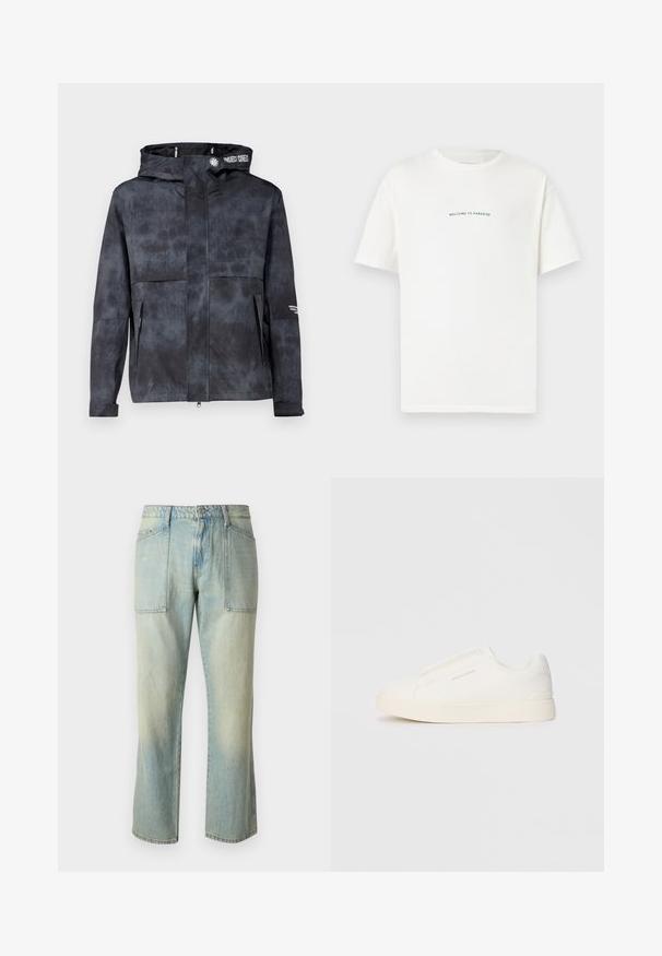 Jachetă rezistentă la apă, de culoare negru-gri, cu glugă, având un model discret tie-dye, fermoar în față și buzunare laterale. Accentuata cu logo-ul mărcii.; Tricou alb din bumbac, cu mâneci scurte și guler rotund. Textul centrat spune "BINE AȚI VENIT ÎN PARADIS" într-o font verde curbat.; Jeans din denim de un albastru deschis, cu croi drept, cusături vizibile și două buzunare mari în față. Țesătura are o textură decolorată.; Tenisi albi slip-on cu o suprafață texturată, talpă groasă și un design minimalist. Prezintă logo-ul brandului pe lateral.