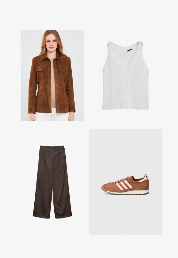 Bruine suède jas met een knoopsluiting, twee borstzakken en een kraag. Heeft een zachte textuur en subtiele stikdetails.; Massimo Dutti FLOWING DOUBLE FABRIC GARMENT - Top - white; Brede broek in donkerbruin stof met een gladde textuur. Kenmerken zijn onder meer plooien aan de voorkant en een standaard tailleband.; Bruin en roze Adidas sneaker met suède details, drie roze strepen aan de zijkant en een witte zool met een groene accent.