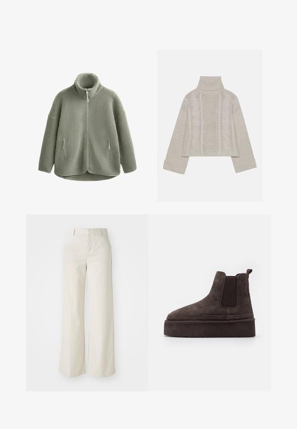 Polarowa kurtka w przytłumionym zielonym kolorze, z wysokim kołnierzem, przednim zamkiem i dwiema bocznymi kieszeniami na zamek. Teksturowany materiał o miękkim wyglądzie.; Skórzana szara sweter z wysokim kołnierzem i ściągaczami, z teksturowanymi wzorami w warkocze z tyłu i po bokach.; Spodnie o szerokich nogawkach w jasnobeżowym kolorze, wykonane z gładkiego materiału. Posiadają klasyczny pas i płaski przód z czystymi liniami.; Brązowe zamszowe botki typu Chelsea z elastycznymi bocznymi panelami i grubą, fakturowaną podeszwą platformową. Posiadają pętlę z tyłu dla łatwego zakładania.
