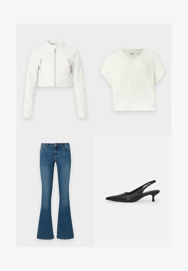 Hvid cropped jakke lavet af glat læder. Har en stående krave, frontlynlåse og to brystlommer med et slankt design.; Hvid kabelstrikket sweater med V-udskæring, korte ærmer, ribbet kant og tekstureret mønster. Fremstillet af blødt, strikket materiale.; Denim flarebukser i mellemblå med en glat tekstur, der har to forlommer, en knaplukning og en let falmningseffekt.; Sort læder slingback-sko med spids tå og en slank, buet hæl. Har en diskret justerbar rem med en metalspænde.