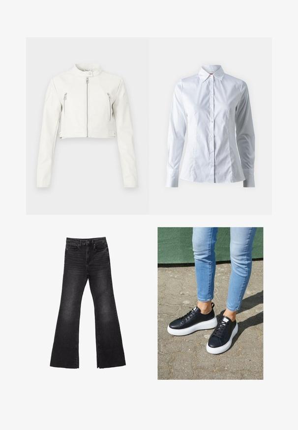 Bela skrajšana jakna iz gladke usnjene tkanine. Ima stoječi ovratnik, sprednje zadrge in dva žepa na prsih s stilskim dizajnom.; Bela srajca z dolgimi rokavi, z izrazitim ovratnikom, prilegajoča se zasnova, gladko bombažno blago in sprednje gumbno zapiranje.; Črne flare jeans iz denima s surovim robom, z zasnovo petih žepov in gumbom za zapiranje. Narejeni iz trdnega, teksturiranega blaga.; Črne usnjene tenisice z belimi gumijastimi podplati, z gladko površino, zaobljenim nosom in ravnimi vezalkami. Obute z svetlo modrimi kavbojkami.