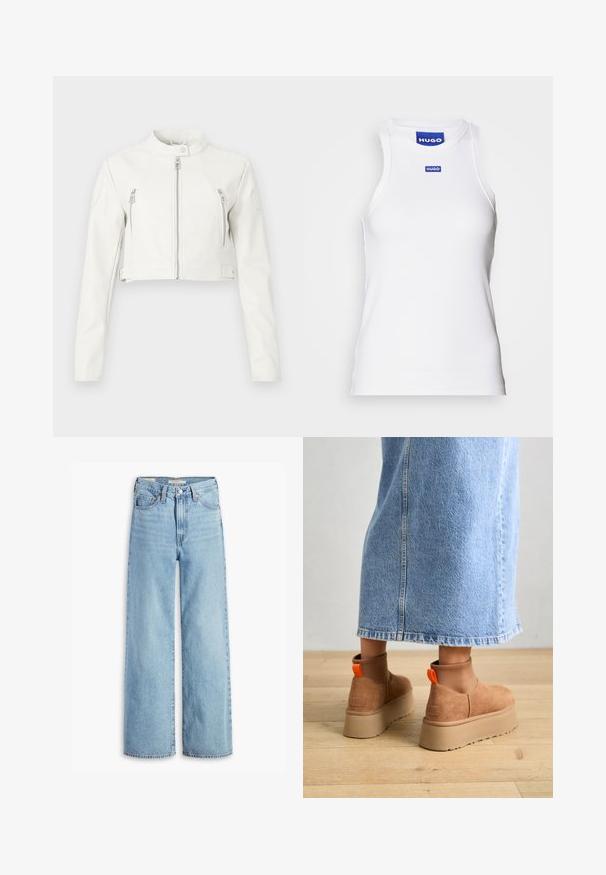 Bela skrajšana jakna iz gladke usnjene tkanine. Ima stoječi ovratnik, sprednje zadrge in dva žepa na prsih s stilskim dizajnom.; Bela brezrokavna majica iz rebraste tkanine, z okroglim izrezom in modro oznako "HUGO" blizu ovratnika. Gladka tekstura.; Visoke svetlo modre široke hlače z visokim pasom, z gumbom in zadrgo spredaj, z zankami za pas in petimi žepi.; Rjave suede platform čizme z elastičnimi stranskimi paneli in oranžnimi zankami, v kombinaciji s svetlobno denim krilom do kolen na lesenem tleh.