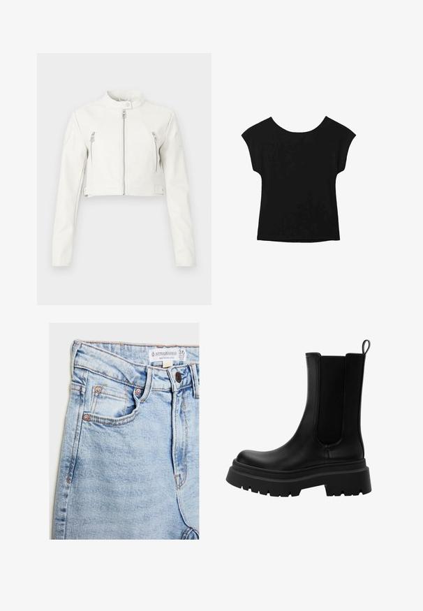 Weiße, taillierte Jacke aus glattem Leder. Verfügt über einen Stehkragen, Frontreißverschlüsse und zwei Brusttaschen mit einem eleganten Design.; Schwarzes Kurzarmoberteil mit weit ausgeschnittener Halslinie und lockerer Passform. Hergestellt aus weichem Stoff ohne sichtbare Muster oder Verzierungen.; Helle blaue Jeans mit hoher Taille, fünf Taschen, Hardware in Kupferoptik und dezentem Ausbleichen, mit einem Etikett am Bund.; Schwarze Leder Chelsea-Stiefel mit elastischen Seitenteilen, robuster Gummisohle und abgerundetem Zeh. Texturierte und glatte Oberfläche.