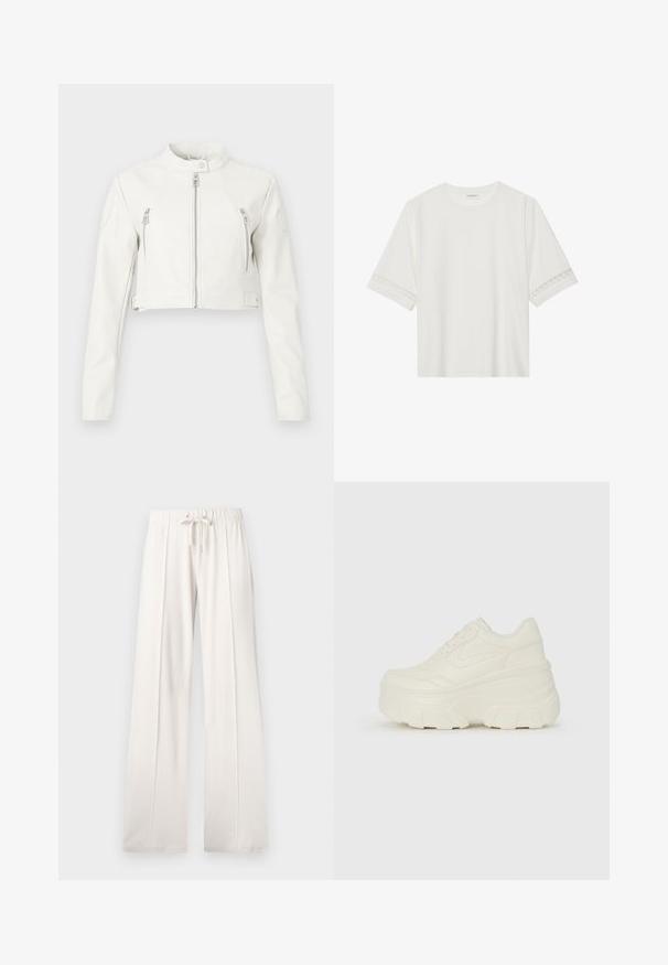 Veste cropped blanche en cuir lisse. Présente un col montant, des zips à l'avant et deux poches poitrine avec un design épuré.; T-shirt blanc à manches courtes en coton, avec des bordures en dentelle décoratives le long des manches et un col rond.; Pantalons de jogging beige clair en tissu doux, dotés d'une taille à cordon, de jambes larges et de coutures verticales, avec une texture lisse.; Baskets plateformes blanches avec une tige en simili cuir lisse, une forme arrondie, un col rembourré et une semelle en caoutchouc texturé avec des crampons définis.
