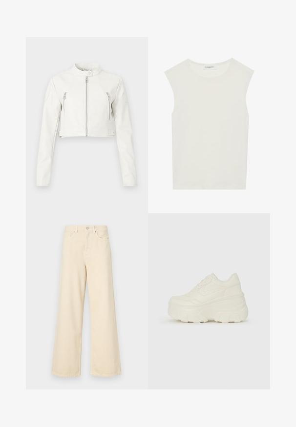 Balts kropts žakets, izgatavots no gludas ādas. Tam ir stāvošs apkakle, priekšējie rāvējslēdzēji un divas krūšu kabatas ar elegantu dizainu.; Balts bez piedurknēm tops ar apaļu kakla izgriezumu. Izgatavots no gludas auduma, tam ir brīvs piegriezums un minimālistisks dizains. Nav nekādas rakstainības vai akcentu.; Bežīgas platpēdas džinses, izgatavotas no kokvilnas. Iekļauj pogu aizdari, jostas cilpas un priekšējos kabatas ar gludu, mīkstu tekstūru.; Baltie platformas sporta apavi, kas izgatavoti no gludas mākslīgās ādas, ar noapaļotu formu, mīkstu apkakli un teksturētu gumijas zoli ar izteiktiem rakstiem.