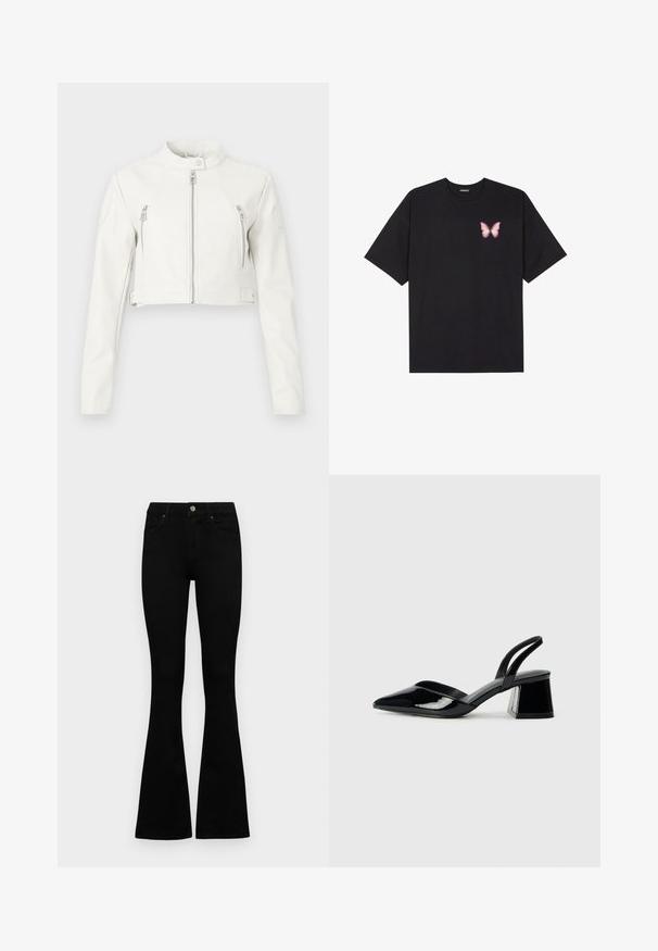 Hvit cropped jakke laget av glatt skinn. Har ståkrage, frontglidelåser og to brystlommer med et strømlinjeformet design.; Svart bomulls T-skjorte med korte ermer, med en liten rosa sommerfugl grafikk på venstre bryst. Crew-neck design med en avslappet passform.; Sorte høytlivsjeans med knapp og glidelås, frontlommer og utsvingte bein liggende flatt på en hvit bakgrunn.; Svarte patentlær slingback hæler med spiss tå og geometrisk blokk hæl. Har et stilrent, minimalistisk design og jevn tekstur.