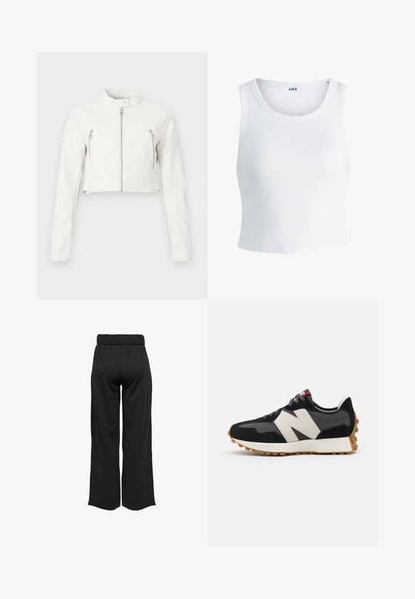 Hvid cropped jakke lavet af glat læder. Har en stående krave, frontlynlåse og to brystlommer med et slankt design.; Hvid ribbet tanktop med rund halsudskæring, ærmeløs design og cropped længde. Etiketten står der "JJXX." Glat stoftekstur.; Sorte, vide bukser med elastisk talje, lavet af glat stof. Har et enkelt design uden lommer eller synlige sømdetaljer.; Sort og grå ruskinds sneakers med et stort cremefarvet "N" logo, lilla snørebånd og en struktureret gummisål.
