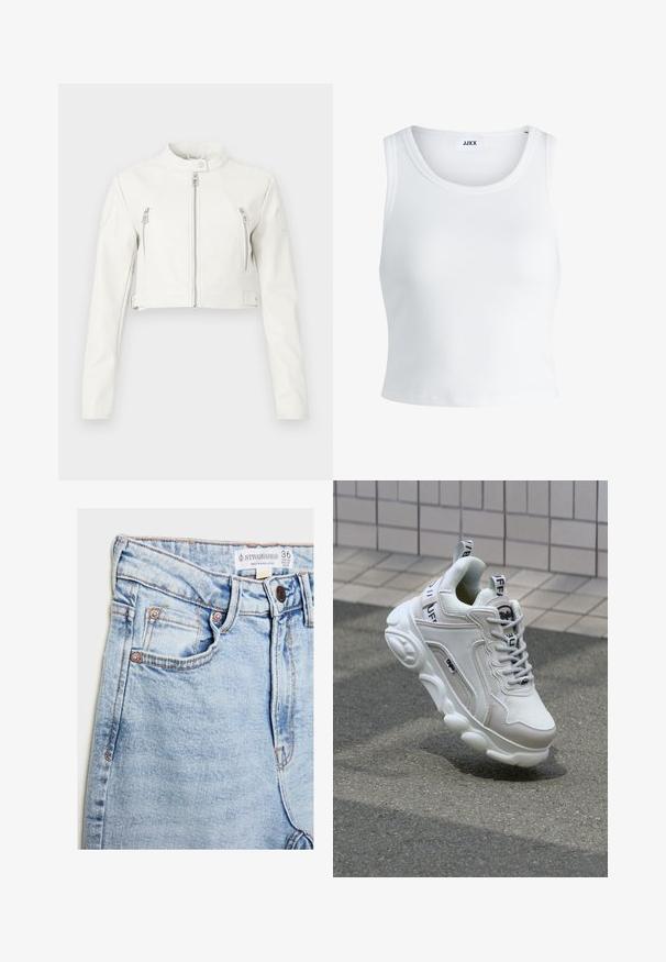 White cropped jacket made of smooth leather. Features a stand collar, front zippers, and two chest pockets with a sleek design.; White ribbed tank top featuring a round neckline, sleeveless design, and a cropped length. Label reads "JJXX." Smooth fabric texture.; Light blue denim jeans with a high waist, five pockets, copper-tone hardware, and subtle fading, featuring a label at the waistband.; White sneaker with mesh and leather materials, rounded toe, thick sole, prominent laces, and branding on the heel and tongue.