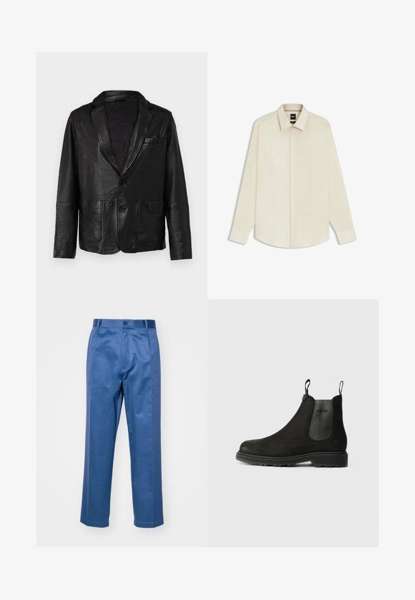 Zwarte leren blazer met een gelapte kraag, twee voorzakken en twee knopen, met een gladde, textuur afgewerkte buitenkant en een gewatteerde voering.; BOSS JOE KENT - Zakelijk overhemd - open white eleven; Blauwe broek van een gladde stof, met een recht model, een knoopsluiting en subtiele stiksels.; Zwarte Chelsea-boots van suede met elastische zijpanelen, een trekband, een ronde neus en een robuuste rubberen zool.