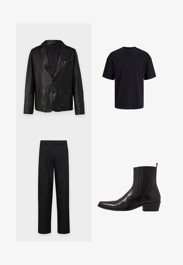 Sacou din piele neagră, cu guler tăiat, două buzunare frontale și două nasturi, având o finisare netedă, texturată și căptușeală quilted.; Tricou din bumbac negru, cu guler rotund, mâneci scurte și o croială lejeră. Textură netedă și fără modele sau accente vizibile.; Pantaloni negri dintr-un material neted, cu un design drept, două pliuri frontale și un tiv standard cu bucle pentru curea.; Cizma de gleznă din piele neagră, cu vârf ascuțit, panouri laterale elastice, accente de cusături verticale și toc bloc mic.