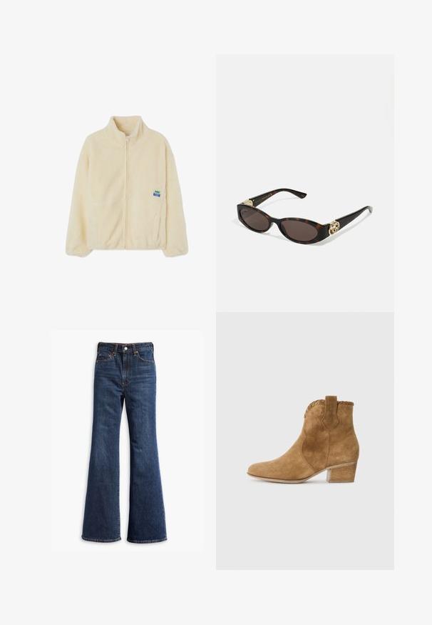 Cream-colored fleece jacket with a zip front, high collar, and side pockets. Features a small multicolored brand patch on the left chest.; White long-sleeve shirt made of ribbed fabric, featuring a round neckline and fitted shape. No patterns or accents are present.; High-waisted dark blue denim jeans with flared legs, front button and zipper closure, and five-pocket design.; Tan suede ankle boot with a pointed toe, textured trim at the collar, and a block heel. Features pull tab for easy wear.; Tortoiseshell sunglasses with elongated oval lenses, brown tint, gold logo accents on temples, and sleek black arms.; Brown faux suede tote bag with two sturdy handles, a structured shape, and minimalistic design, featuring subtle stitching accents.