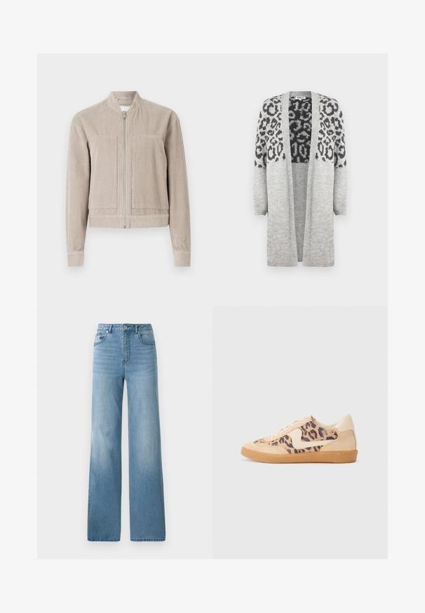 Beige corduroy bomber jacket with a zip closure, two front pockets, ribbed cuffs, and a stand-up collar. Textured fabric with vertical stripes.; Gray knitted cardigan with long sleeves and an open front. Features a black leopard print design on the upper part. Soft texture.; Grey cotton T-shirt featuring a classic crew neck, short sleeves, and a smooth texture, suitable for casual wear.; Light blue high-waisted jeans with a straight-leg design. Crafted from denim, featuring five pockets and a button-fly closure.; Leopard print sneakers with beige suede upper, tan rubber sole, and white accents. Round toe and lace-up design with a textured finish.