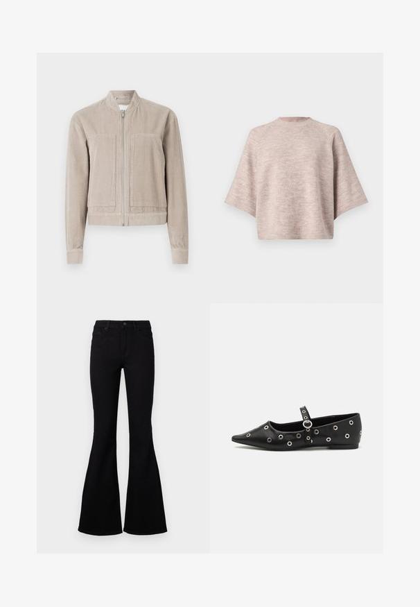 Beige lõngakudumist bomberjakk, millel on lukuga sulgemine, kaks esikäepideme taskut, ribakäised ja tõusnud krae. Tekstuuriga kangas, millel on vertikaalsed triibud.; Heled roosa ülekaaluline sprei, millel on ümmargune kaelus, laiad varrukad ja pehme, kudumiteksure. Ei ole nähtavaid mustreid ega metalldetailide.; Mustad kõrge vöökoht, laienevad mustad teksad, valmistatud denimist. Omab viit taskut ja klassikalist nupuvärvi; sile tekstuur ja keha järgi vormitud disain.; Mustast nahast lame kingad terava ninaga, dekoratiivsete hõbedaste silmadega ja reguleeritava rihmaga üle pahkluude.