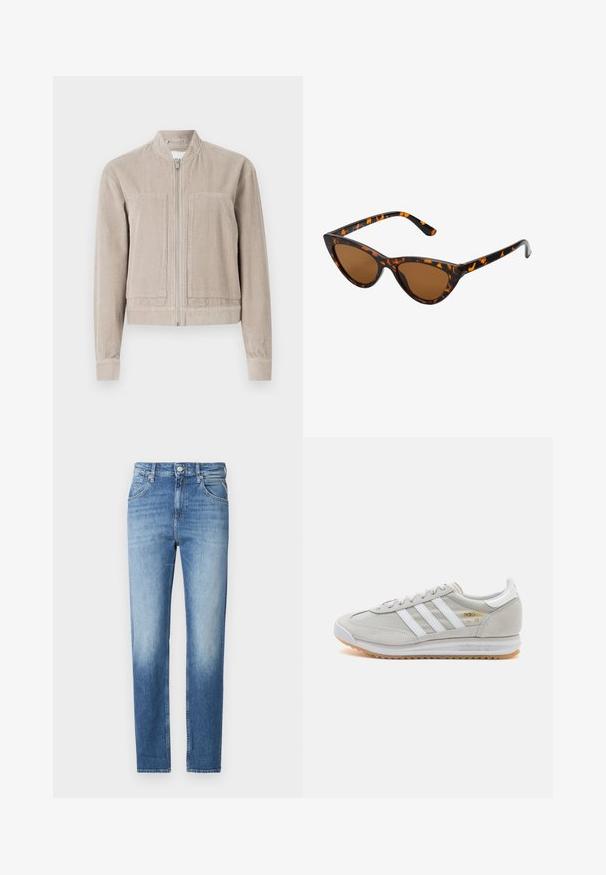 Beige Cordjacke aus Cord mit Reißverschluss, zwei Fronttaschen, Rippbündchen und Stehkragen. Strukturierter Stoff mit vertikalen Streifen.; ONLY ONLMELITA O NECK - Strickpullover - winter moss; Hellblaue Denim-Jeans mit geradem Schnitt, verwaschenem Look, fünf Taschen und einem Knopfverschluss an der Taille. Auffälliges Steppdetail.; Hellgraue Sneaker aus Wildleder und Mesh, mit drei weißen Streifen, runder Zehenpartie und einer Sohle aus Gummi. Goldenes Logo-Detail nahe der Schnürsenkel.; Katzenaugen-Sonnenbrille mit einem schwarz-orangenen Schildpattrahmen, braunen Gläsern und schlanken, spitzen Enden. Verfügt über ein minimalistisches Logo am Bügel.