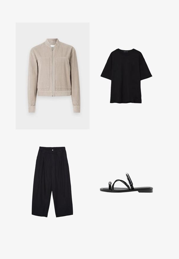 Beżowa kurtka bomber z materiału sztruksowego z zamkiem błyskawicznym, dwoma przednimi kieszeniami, ściągaczami na mankietach i kołnierzem stojącym. Teksturowany materiał z pionowymi paskami.; Czarna bawełniana koszulka z luźnym krojem, krótkimi rękawami, okrągłym dekoltem i gładką fakturą. Bez widocznych wzorów ani akcentów.; Czarne spodnie culotte z poliestru z elastycznym pasem, dwoma fałdami z przodu i luźnym krojem. Brak widocznych wzorów lub elementów metalowych.; Czarne płaskie sandały o błyszczącym wykończeniu, z trzema cienkimi paskami i okrąłym detalem metalowym na palcach. Smukły design z minimalnym obcasem.