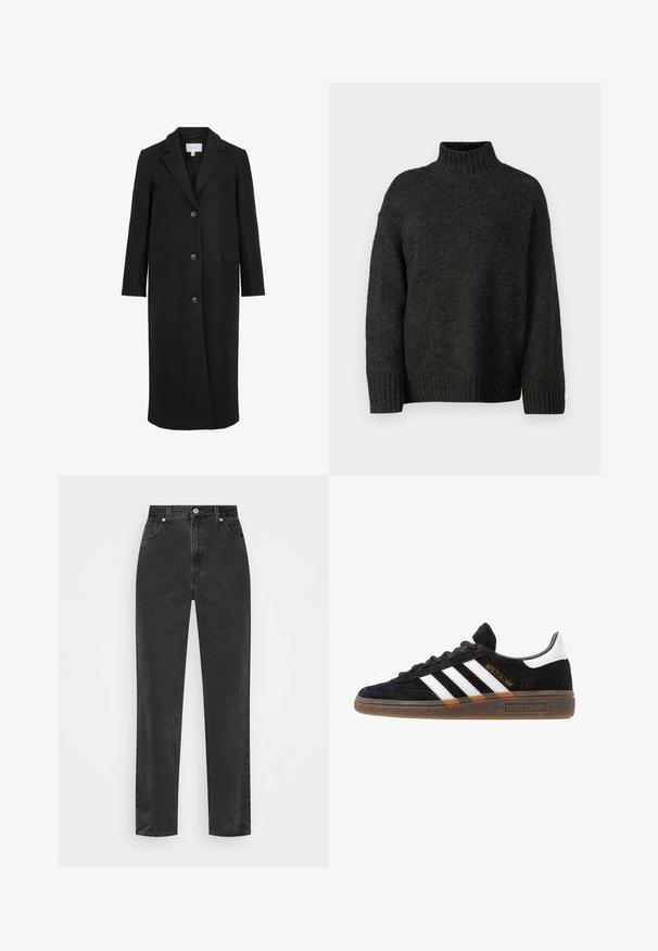 Casaco de lã preto com um design ajustado, apresentando um colarinho engenhisado, mangas longas, três botões frontais e bolsos laterais. Textura suave.; Vero Moda Tall VMMADDIE HIGHNECK PULL - Camisola - dark grey melange; Jeans de ganga preta com pernas retas, cintura alta, com botão e fecho de correr à frente, e estilo de cinco bolsos, num fundo branco.; Sapatilha Adidas preta com riscas brancas, texto dourado "Spezial", sola de borracha e aba do calcanhar branca, apresentada em vista lateral.