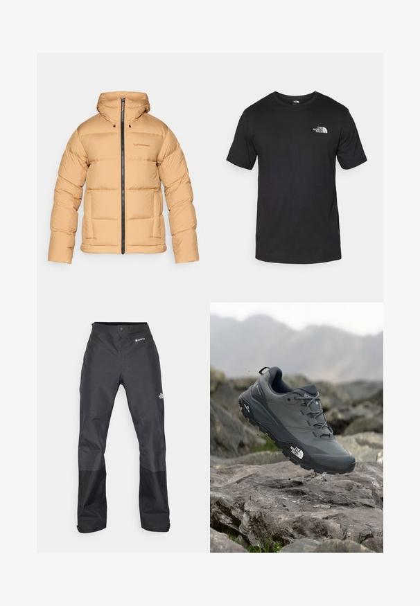 Smėlinis pūkuotas džemperis su gaubtu, su užtrauktuku priekyje, kvadrato rašto ir dviem šoniniais kišenėmis. Pagamintas iš lygaus, lengvo audinio.; Juodas trumpas rankovės marškinėliai, pagaminti iš medvilnės, su apvaliu kaklu ir mažu baltu logotipu viršutiniame kairiajame krūtinės kampe.; Juodos vandeniui atsparios kelnės su lygiu paviršiumi, su GORE-TEX logotipu priekyje ir sustiprintomis apačiomis dėl ilgaamžiškumo.; Pilkas bėgimo batelis su tekstūruota viršutine dalimi, tvirtu guminio pado ir sustiprinta nosimi. Turi raištelius ir prekės ženklo logotipą šone.