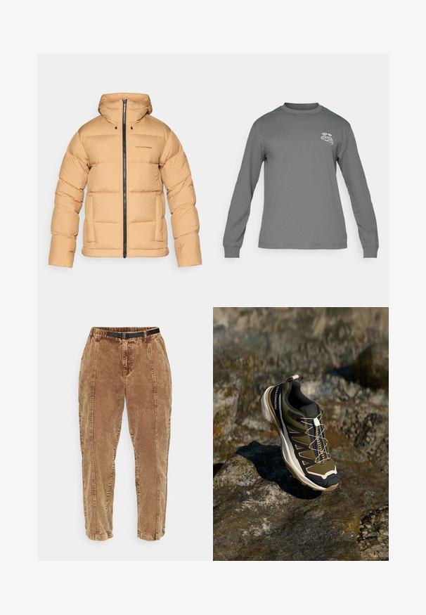 Beige puffer jacket with a hood, featuring a zip front, quilted pattern, and two side pockets. Made from a smooth, lightweight material.; Long-sleeve shirt in gray fabric, featuring a crew neck and a white graphic logo on the left chest. Smooth texture and simple design.; Brown corduroy pants with a textured surface, featuring a black adjustable belt, side pockets, and a relaxed fit. Pants taper toward the ankles.; Hiking shoe in olive green and black with pink accents. Features a textured upper, flexible sole, reinforced toe cap, and colorful lacing system.