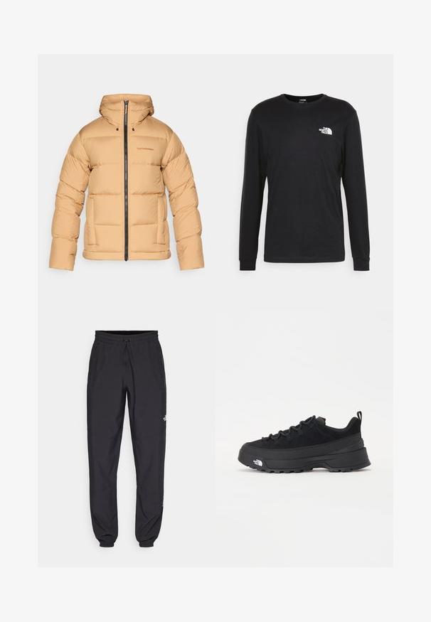 Gaiši brūns pūkains jakas ar kapuci, ar rāvējslēdzēju priekšā, izšūtu rakstu un divām sānu kabatām. Izgatavota no gludas, vieglas materiāla.; Melnā garenā piedurkņu T-kreklā, kas izgatavots no kokvilnas, kreklā ir balts logo uz kreisā krūšu laukuma un ribotās aproces. Tam ir gluda tekstūra un apaļa izgriezuma forma.; Melni sporta bikses, kas izgatavotas no viegla auduma, ar savelcamu jostu, sānu kabatām un sašaurinātiem apakšējiem galiem pie potītēm.; Melni āra sporta apavi ar zamšādas virsu, teksturētu gumijas zoli un izturīgu auklu sistēmu. Iezīmēts ar pastiprinātu papēdi un zīmola logo sānu daļā.