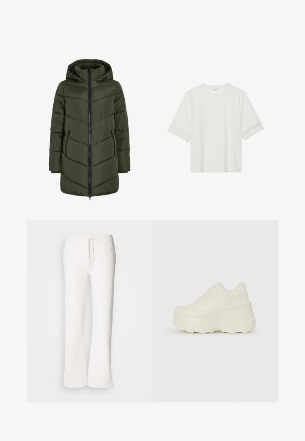 Olive zaļš pūkains jaka ar kapuci, ar rāvējslēdzēja priekšpusi, sānu kabatām un šuvēm līdzīgām četrstūru formām, kas nodrošina tekstūru un siltumizolāciju.; Balta īsām piedurknēm T-kreklu, izgatavotu no kokvilnas, ar dekoratīvu mežģīņu apdari ap piedurknēm un apaļu kakla izgriezumu.; Baltas, brīvi pieguļoši sporta bikses, izgatavotas no mīkstas auduma, ar elastīgu jostu un aukliņu, kā arī taisna kāju dizainu.; Baltie platformas sporta apavi, kas izgatavoti no gludas mākslīgās ādas, ar noapaļotu formu, mīkstu apkakli un teksturētu gumijas zoli ar izteiktiem rakstiem.