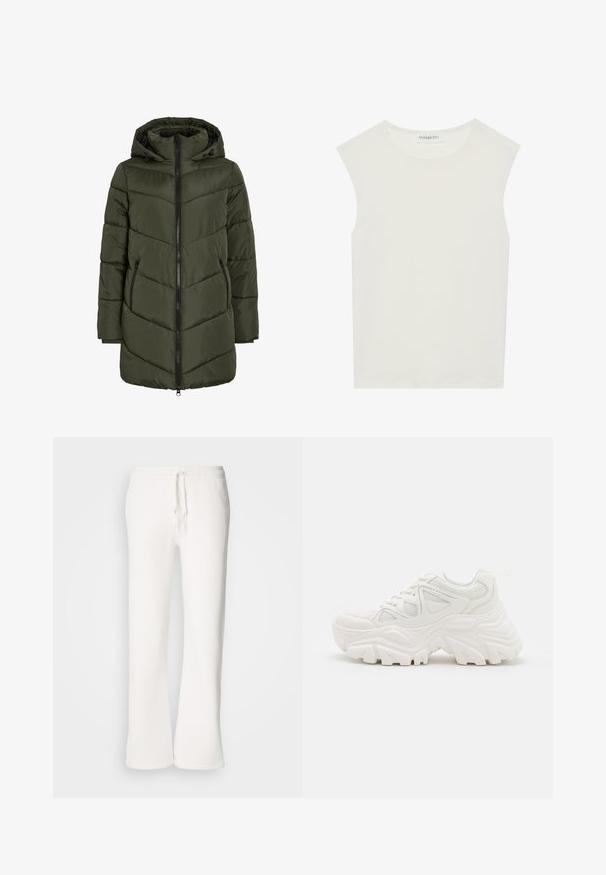 Olivenfarget puffjakke med hette, som har glidelås foran, sidelommer og chevronsting for tekstur og isolasjon.; Hvit ermeløs topp med rund hals. Laget av glatt stoff, har den en avslappet passform og minimalistisk design. Ingen mønstre eller detaljer.; Hvite, avslappede joggebukser laget av myk stoff, med elastisk liv med snor og rett ben-design.; Hvite klumpete joggesko med en teksturert overflate, mesh-paneler og tykke gummisåler med fremtredende mønster. Snøring og trekkstrop er inkludert.