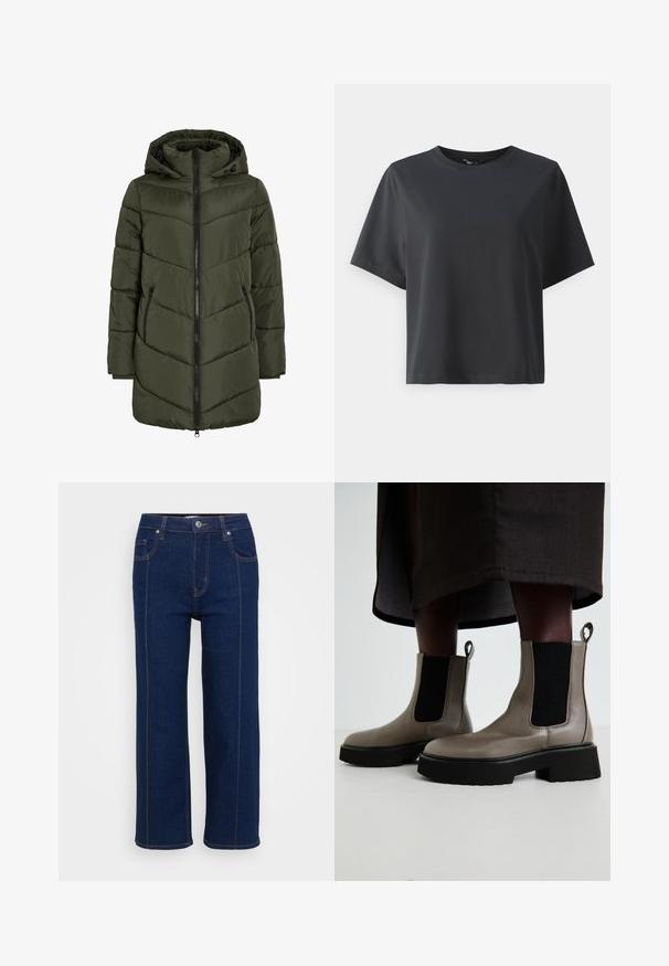 Olivenfarget puffjakke med hette, som har glidelås foran, sidelommer og chevronsting for tekstur og isolasjon.; Svart bomull T-skjorte, korte ermer, rund hals, avslappet passform, jevn tekstur, enkel design, ingen mønstre eller aksenter.; Mørkeblå rette jeans med knappelukking, front- og baklommer, og synlig oransjefargede sømmer langs sømmene.; Grå ankelstøvler laget av teksturert lær med elastiske sidepaneler og en kraftig svart såle. Har trekksløyfer for enkel påkledning.