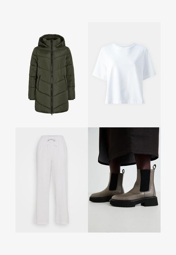 Olívazöld, kapucnis puffermellény, amely cipzáros elülső résszel, oldalsó zsebekkel és chevron varrással rendelkezik a textúra és a szigetelés érdekében.; Fehér pamut póló kerek nyakkivágással, rövid ujjakkal, laza szabással és sima felülettel. Nincsenek látható minták vagy díszítések.; Fehér vászonnadrág, húzózsinórral a deréknál, laza szabású és egyenes lábú dizájnnal. Sima tekstúra, látható minták vagy díszítések nélkül.; Szürke bokacsizmák texturált bőrből, elasztikus oldalpanellel és vastag fekete talppal. Könnyű felvételt biztosító húzófülek találhatók rajtuk.