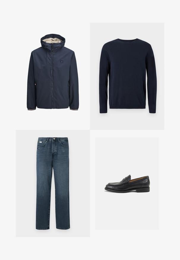 Mørkeblå jakke med lynlåslukning, fleeceforet hætte, to sidelommer og stribede manchetter. Fremstillet af glat, vejrbestandigt materiale.; Marineblå strikket sweater med lange ærmer, rund halsudskæring og ribbede manchetter og kant. Har et lille logo på brystet.; Mørkeblå denimbukser med lige pasform, fem lommer, bæltestropper og lynlås. Glat tekstur med subtile blegede detaljer.; Sorte læder loafers med en glat finish, rund tå og dekorativ syning på vampen. Lav stablet hæl og let glans.