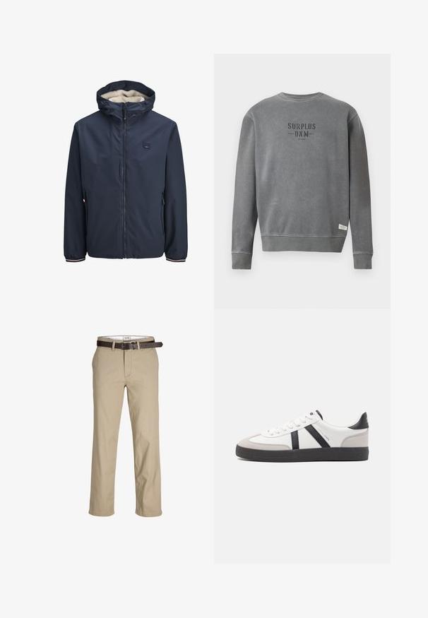 Giacca blu navy con zip frontale, cappuccio foderato in pile, due tasche laterali e polsini a strisce. Realizzata in materiale liscio e resistente alle intemperie.; Felpa grigia a maniche lunghe con collo rotondo, con la scritta "SURPLUS DNM" stampata in nero sul petto e un piccolo etichetta bianca vicino all'orlo.; Pantaloni in cotone beige con taglio dritto, dotati di passanti per cintura, una cintura in pelle marrone e un design classico. Texture liscia e resistente.; Sneaker bianco con accenti neri e grigi, dotata di una punta grigia testurizzata, suola in gomma nera e lacci bianchi piatti. Design pulito, stile minimalista.