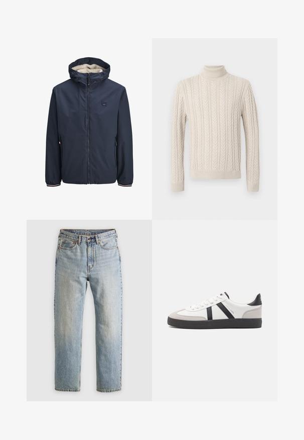 Marineblauw jack met een ritssluiting aan de voorkant, een gevoerde capuchon van fleece, twee zijzakken en gestreepte manchetten. Gemaakt van glad, weerbestendig materiaal.; Beige, gebreide trui met een hoge, geribde col. Voorzien van een gestructureerd kabelpatroon en geribde manchetten en zoom, wat een gezellige uitstraling geeft.; Lichtblauwe denim jeans met hoge taille, frontknop, rits en vijfzakkenontwerp, plat gelegd op een neutrale achtergrond.; Witte sneaker met zwarte en grijze accenten, voorzien van een grijze neus met textuur, zwarte rubberen zool en platte witte veters. Schoon ontwerp, minimalistische stijl.
