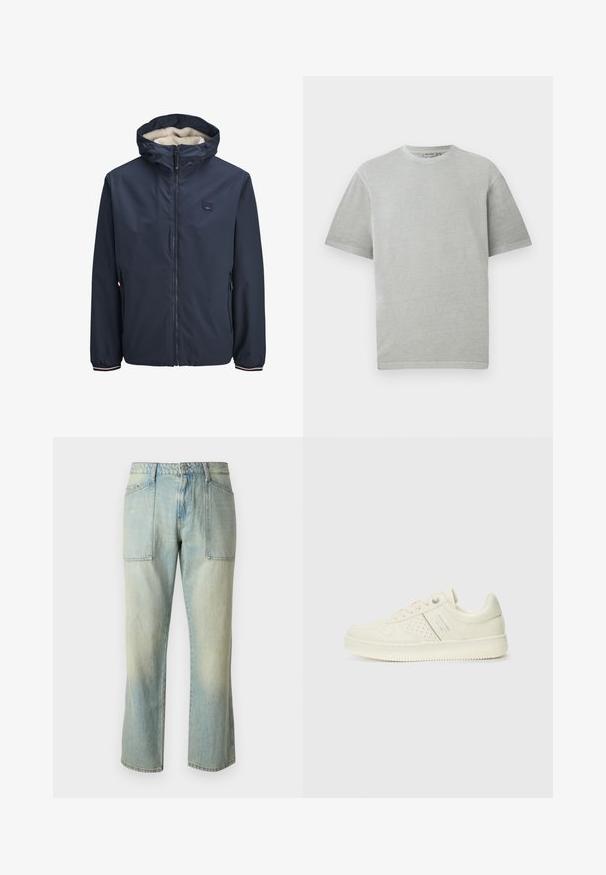 Casaco azul-marinho com fecho de correr à frente, capuz forrado a fleece, dois bolsos laterais e punhos às riscas. Fabricado em material liso e resistente às intempéries.; T-shirt cinza claro com mangas curtas e decote redondo, exibido num fundo branco liso.; Jeans de ganga azul claro com corte reto, costura visível e dois grandes bolsos frontais. O tecido tem uma textura desbotada.; Sapatilha de cor creme com detalhes perfurados, atacadores e logotipo na lateral, apresentada contra um fundo branco liso.