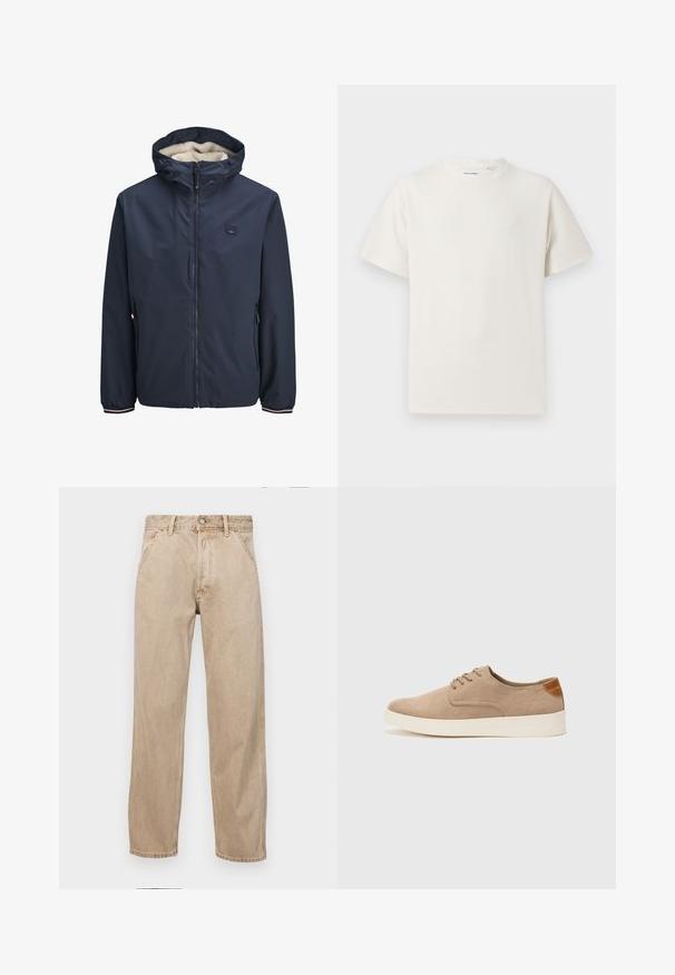 Mornarji modra jakna z zadrgo spredaj, kapuco obloženo s flisom, dvema stranskima žepoma in pasom z značilnim vzorcem. Narejena iz gladkega, vremensko odporno materiala.; Bela majica s kratkimi rokavi iz rebraste tkanine. Okrogli izrez, sproščen kroj, brez vidnih vzorcev ali naglasov. Preprosta in vsestranska zasnova.; Beige jeans iz džinsa s ravnim nogavicama, ki imajo sprednje žepe, kovinsko zapiranje in subtilno teksturo.; Bež tkanine usnjene superge z zaobljenim nosom, vezalkami na sprednji strani in teksturiranim zadnjim detajlom. Belo gumijasto podplato zagotavlja kontrast. Enostaven in sodoben dizajn.