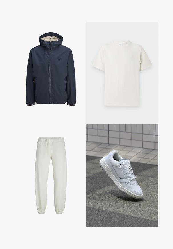 Marineblauw jack met een ritssluiting aan de voorkant, een gevoerde capuchon van fleece, twee zijzakken en gestreepte manchetten. Gemaakt van glad, weerbestendig materiaal.; Witte korte mouwen T-shirt met ribbelstructuur. Ronde hals, ontspannen pasvorm, geen zichtbare patronen of accenten. Eenvoudig en veelzijdig ontwerp.; Witte sweatpants gemaakt van zachte stof, met een elastische tailleband en boorden, een gladde textuur en een losvallend ontwerp.; Witte lederen sneaker met geperforeerde zijkanten, gestructureerde accenten, platte veters en een contrasterende grijze hiel. Voorzien van een iets verhoogde zool.