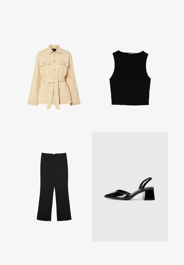 Kerman beiget vyötetty takki, joka on valmistettu puuvillatwillistä, metallinapeilla, kahdella rintataskulla ja jämäkällä kauluksella. Pehmeä rakenne ja rento istuvuus.; Musta hihaton crop-top, joka on valmistettu sileästä kankaasta, jossa on pyöreä kaula-aukko ja siisti, yksinkertainen muotoilu ilman kuvioita tai varusteita.; Mustat housut suoralinjaisella leikkauksella, joissa on etutaskut ja sivurei'ät helman alla. Valmistettu pehmeästä ja sileästä kankaasta. Sopii eri tilaisuuksiin.; Mustat patentoitu nahkakengät, joissa on säären takaosa ja terävä kärki, sekä geometrinen palikkakorko. Sisältää tyylikkään, minimalistisen muotoilun ja sileän pinnan.