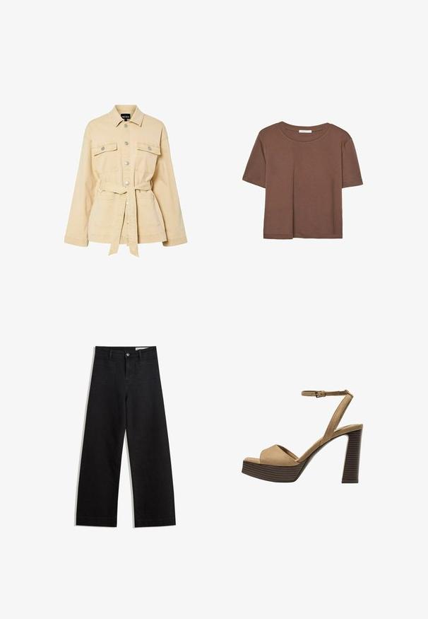 Bež jakna s remenom od pamuka s twill teksturom, metalnim gumbima na snap, dva džepa na prsima i strukturiranim ovratnikom. Mekani materijal i opušteni kroj.; Smeđi kratki rukav majica od mekog materijala, s okruglim izrezom i opuštenim krojem. Nema vidljivih uzoraka ili naglasaka.; Crne široke traperice s visokim strukom, s prednjim i stražnjim džepovima, šivenim šavovima i kopčanjem na gumb. Glatka tekstura.; Beige suedirane sandale s visokim potpeticama, širokom prednjom trakom i trakicom oko gležnja, s debelom drvenom blok-potpeticom s teksturiranim završetkom.