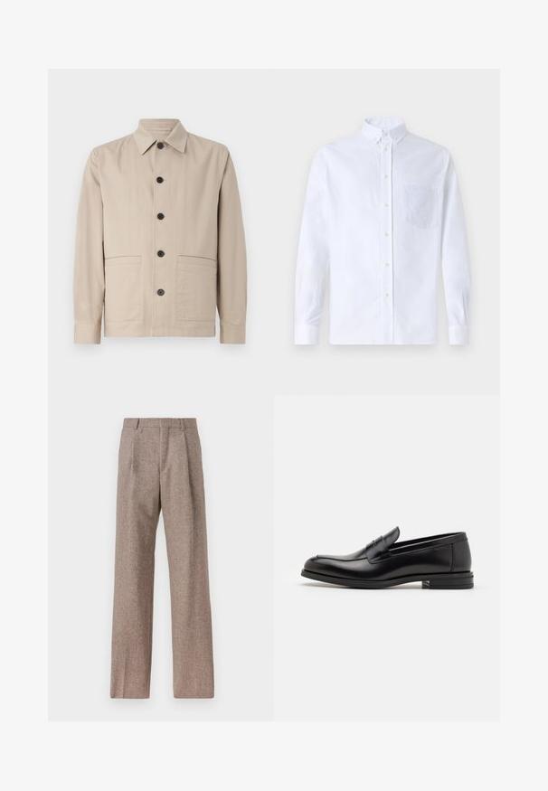 Beige jas met een kraag, sluiting met knopen aan de voorkant en twee opgestikte zakken. Gemaakt van lichte stof met een gladde textuur.; Witte lange mouwen overhemd van katoen, met een borstzak met tonale borduring, een kraag en knopenmanchetten.; Bruine, hooggewaisted broeken van een gestructureerde stof. Heeft wijde benen en twee voorplooien voor extra structuur. Net afgewerkt zonder zichtbare hardware.; Zwarte leren instappers met een gladde textuur, ronde neus en een decoratieve band over de wreef. Lage, gestapelde hak en minimalistisch ontwerp.