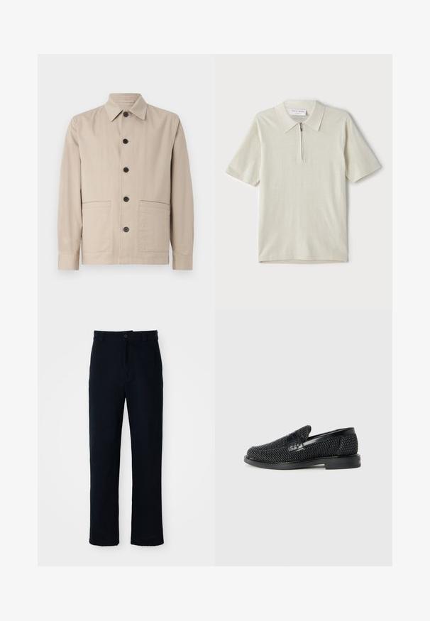 Beige jacket with a collar, front button closure, and two patch pockets. Made of lightweight fabric with a smooth texture.; Short-sleeve polo shirt in light beige with a zippered collar. Made of smooth fabric, features a simple, modern design without patterns.; Navy blue trousers made of cotton, featuring a straight-leg design, a front button closure, and classic waistband with belt loops.; Black woven slip-on shoe with a smooth leather accent on the upper, a round toe design, and a low-profile rubber sole.