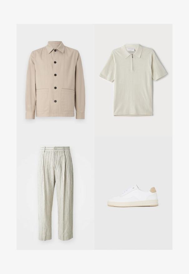 Beige jacket with a collar, front button closure, and two patch pockets. Made of lightweight fabric with a smooth texture.; Short-sleeve polo shirt in light beige with a zippered collar. Made of smooth fabric, features a simple, modern design without patterns.; White striped trousers made of light fabric, featuring a relaxed fit, pleats, and a waistband with belt loops. Vertical navy stripes.; White low-top sneakers with a textured leather upper, cream ridged sole, and a tan heel accent. Features white laces and logo detail on heel.