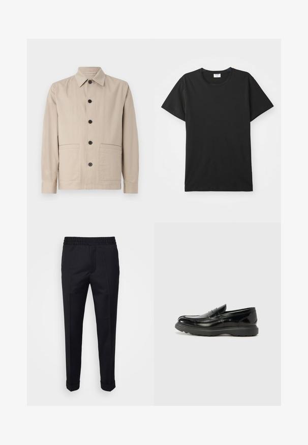 Beige sako s límečkem, zapínání na knoflíky vpředu a dvěma našitými kapsami. Vyrobeno z lehkého materiálu s hladkou strukturou.; Černé tričko s krátkým rukávem a kulatým výstřihem, vyrobené z hladké bavlněné tkaniny. Jednoduchý design bez vzorů nebo akcentů.; Černé kalhoty vyrobené z lehkého materiálu, s elastickým pasem, bočními kapsami a ohrnutými lemy. Hladký povrch s předními sklady.; Černé kožené mokasíny s lesklým povrchem, kulatou špičkou, nenápadnými švy a silnou gumovou podrážkou pro odolnost.