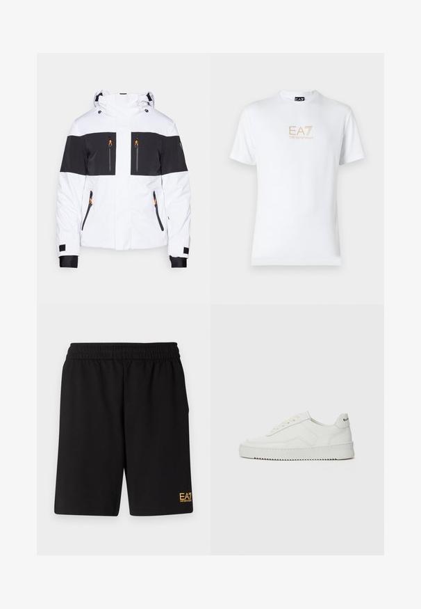 EA7 Emporio Armani KITZBUHEL COLORBLOCK JACKET - Giacca da sci - white; T-shirt bianco in cotone con scollatura rotonda e maniche corte, con il logo oro EA7 Emporio Armani stampato sul fronte.; Pantaloni sportivi neri realizzati in tessuto morbido, con vita elastica e un piccolo logo EA7 giallo sulla parte bassa della gamba sinistra.; Sneaker in pelle bianca con una finitura liscia, punta rotonda, lacci piatti e suola testurizzata. Presenta un logo discreto sul tallone.