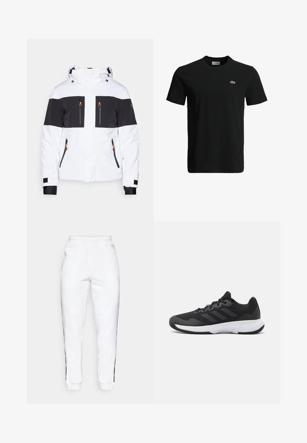 EA7 Emporio Armani KITZBUHEL COLORBLOCK JACKET - Lyžařská bunda - white; Černé bavlněné tričko s kulatým výstřihem, krátkými rukávy a malým zeleným krokodýlem na levé hrudi. Hladká textura, neformální design.; Bílé tepláky s elastickým pasem, zdobené černými bočními pruhy a manžetami. Vyrobené z měkké tkaniny s hladkým povrchem.; Černá sportovní obuv s texturovaným svrškem, třemi vodorovnými pruhy a bílou podrážkou s vzorovaným profilem. Lehký a aerodynamický design.