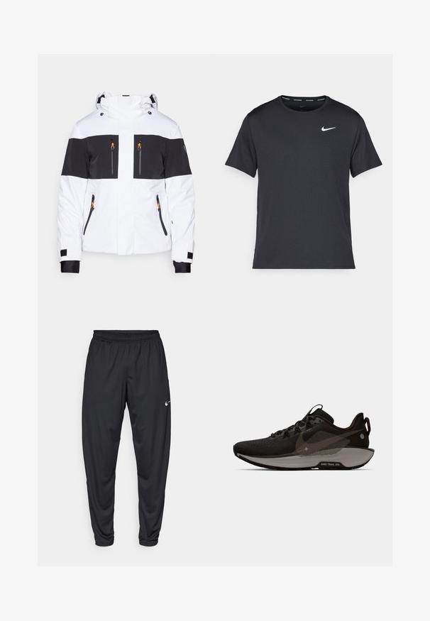 EA7 Emporio Armani KITZBUHEL COLORBLOCK JACKET - Slidinėjimo striukė - white; Juodas Nike bėgimo marškinėlis, pagamintas iš lengvos, kvėpuojančios medžiagos, turintis trumpas rankoves ir mažą baltą logotipą ant krūtinės.; Juodos sportinės kelnės su elastine juosta, siaurėjančiomis kojomis ir mažu baltu Nike logotipu kairėje šlaunyje. Sklandus audinys, be raštų.; Juodos bėgimo bateliai su tinkliniais įdėklais, apvaliais akcentais ir tekstūruotu padu. Turi pilką vidpadį ir atspindinčius elementus. Lengvas dizainas.