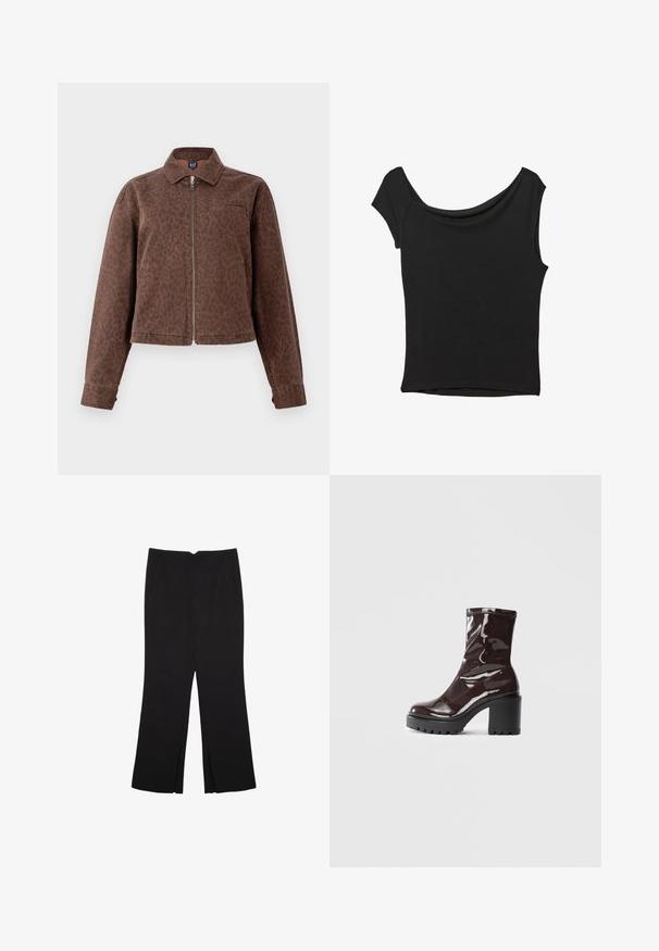 Brązowa kurtka w cętki z kołnierzem, zamek błyskawiczny i jedna kieszeń na piersi. Wykonana z miękkiego, teksturowanego materiału z długimi rękawami.; Czarna bluzka z krótkim rękawem, wykonana z gładkiego materiału; posiada dekolt w stylu drapowanym oraz asymetryczny dół, z dopasowanym krojem.; Czarne spodnie o prostym kroju, z przednimi kieszeniami i bocznymi rozcięciami na dole. Wykonane z miękkiego, gładkiego materiału. Odpowiednie na różne okazje.; Błyszczące bordowe botki za kostkę z masywną czarną obcasem, charakteryzujące się gładką teksturą i prostym wzornictwem. Brak widocznych zapięć lub wzorów.