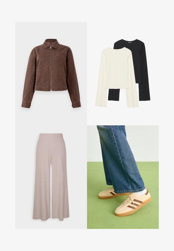 Hnedý kabát so vzorom leoparda, s golierom, zipsom a jedným vreckom na hrudi. Vyrobený z mäkkej, štruktúrovanej tkaniny s dlhými rukávmi.; Súprava dvoch dlhých rukávov v bielej a čiernej farbe. Žebrovaná textúra, okrúhly výstrih, priliehavý strih s mierne rozšírenými rukávmi.; Svetlo šedé široké nohavice vyrobené z mäkkej ribovaného materiálu, s vysokým pásom a dlhými nohami s jemnou textúrou.; Béžové tenisky s textúrovanými krémovými panelmi a hnedými pruhmi, skombinované s modrými džínsami. Džínsy majú široké nohavice a roztrhnutý lem.