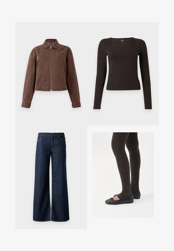 Bruine jas met panterprint, voorzien van een kraag, rits en een enkele borstzak. Gemaakt van zachte, gestructureerde stof met lange mouwen.; Zwarte lange mouwen, getailleerde top met een vierkante halslijn, gelabeled GAP, weergegeven op een witte achtergrond.; Stijlen met wijde pijpen in donkerblauw denim. Kenmerkt zich door contrasterende stiksels, vijf zakken en een knoopsluiting in de taille. Soepele textuur.; Zwarte platte schoenen met een kleine strikdetail op de neus, gecombineerd met donkerbruine geribbelde panty’s. De schoenen hebben een gladde textuur en een lage profiel.