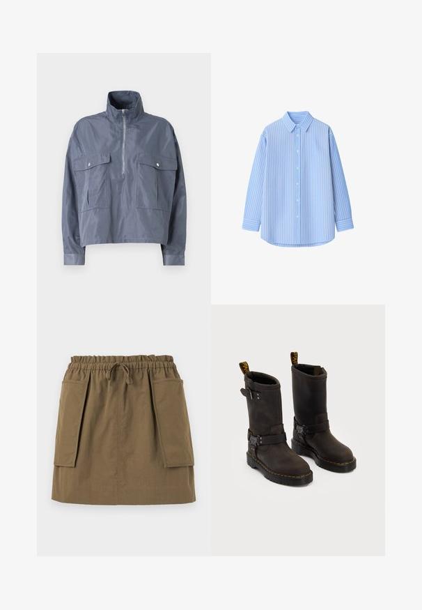 Cropped blue jacket in a lightweight, shiny material with a high collar, half-zip front, and two flap pockets on the chest.; Light blue button-up shirt with white vertical stripes, long sleeves, a collar, and a rounded hem. Made of smooth fabric with a crisp texture.; Brown and white striped short-sleeve t-shirt with a round neckline and a small logo on the chest. Made from soft cotton material.; Olive green, knee-length skirt with an elastic waistband, drawstring, and two large side pockets. Made from lightweight fabric with visible seams.; Dark brown leather boots with a mid-calf design, yellow stitching, adjustable buckle straps, and pull tabs on the top. Textured finish.